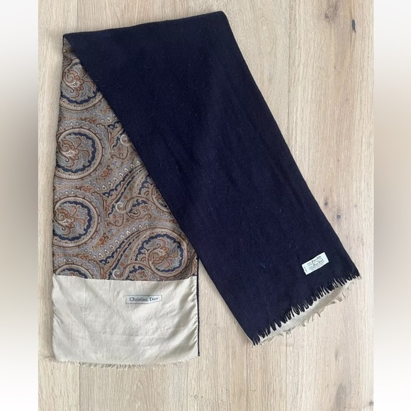 Vtg CHRISTIAN DIOR SILK WOOL PAISLEY PRINT SCARF Blue And Brown - Picture 2 of 5